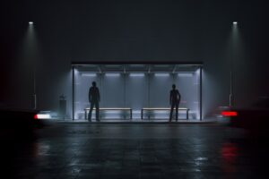 Two,people,are,standing,at,a,bus,stop,at,night.