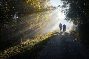 Couple,in,beautiful,foggy,and,sunny,mysterious,nature